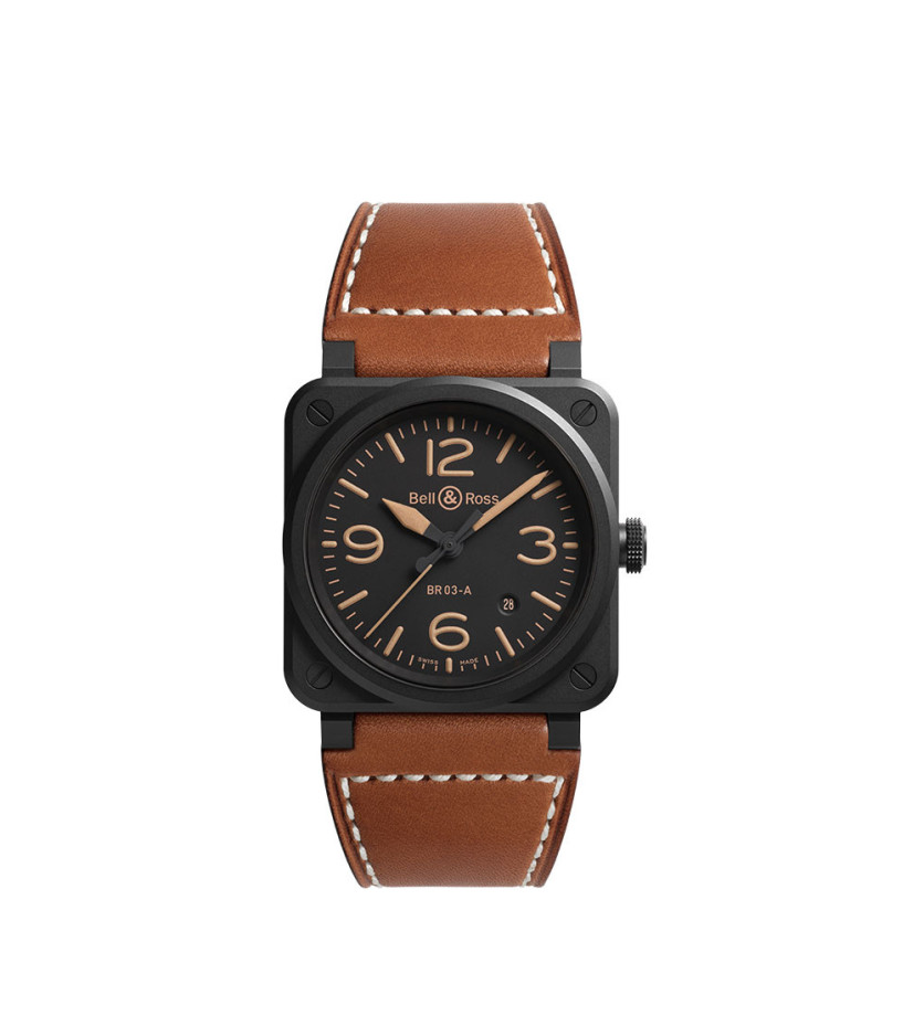 Montre Bell & Ross B03 Heritage automatique céramique cadran noir bracelet cuir 41mm