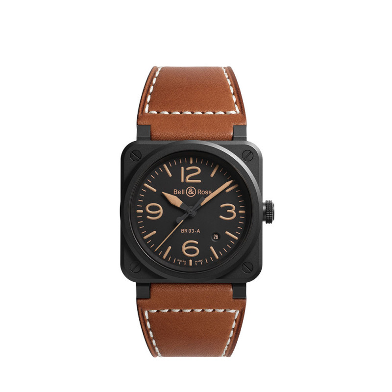 Montre Bell & Ross B03 Heritage automatique céramique cadran noir bracelet cuir 41mm