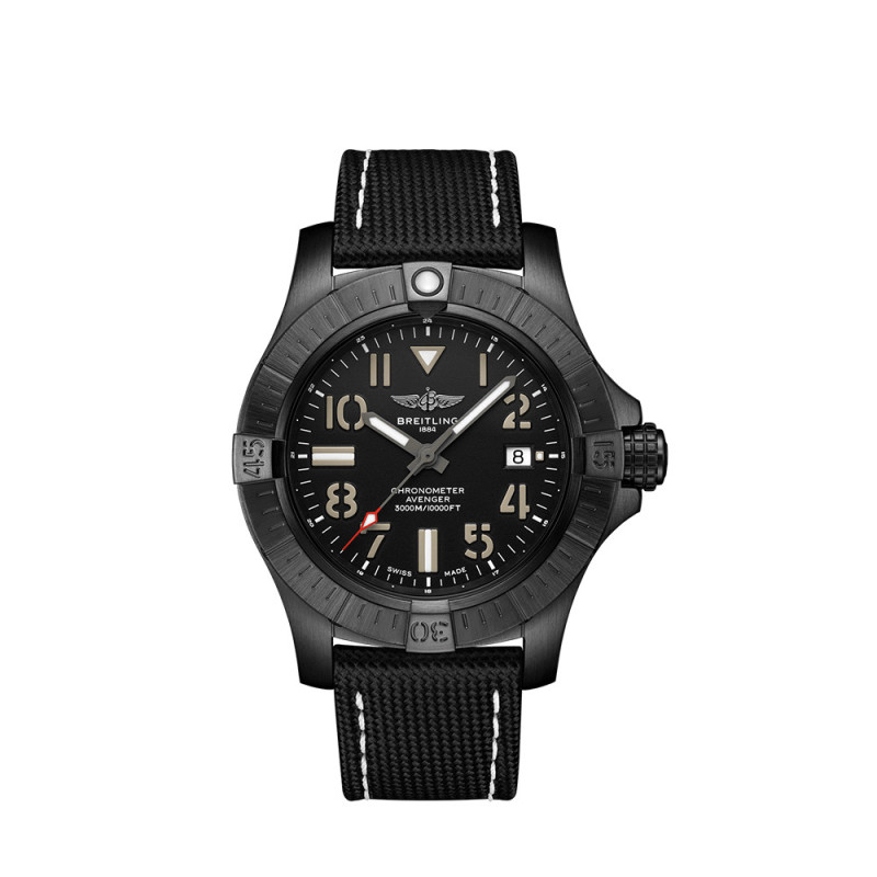 Montre Breitling Avenger Automatic Seawolf Night Mission cadran noir bracelet en cuir de veau anthracite 45mm
