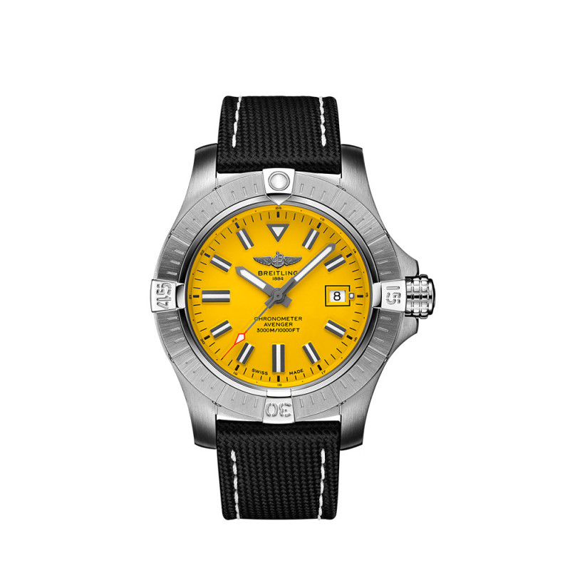 Montre Breitling Avenger Automatic Seawolf cadran jaune bracelet en cuir de veau anthracite 45mm