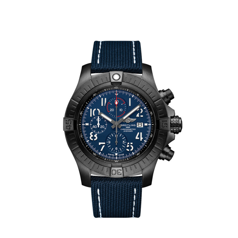 Montre Breitling Super Avenger Chronograph Night Mission cadran bleu bracelet en cuir de veau bleu 48mm