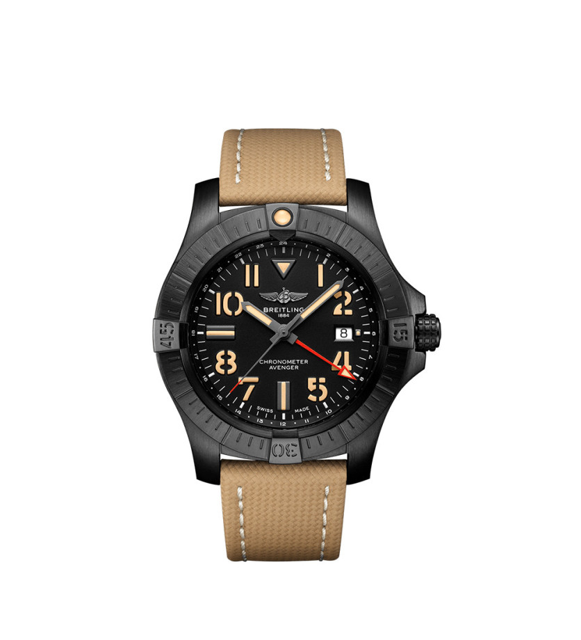 Montre Breitling Avenger Automatic GMT Night Mission cadran noir bracelet en cuir de veau sable 45mm