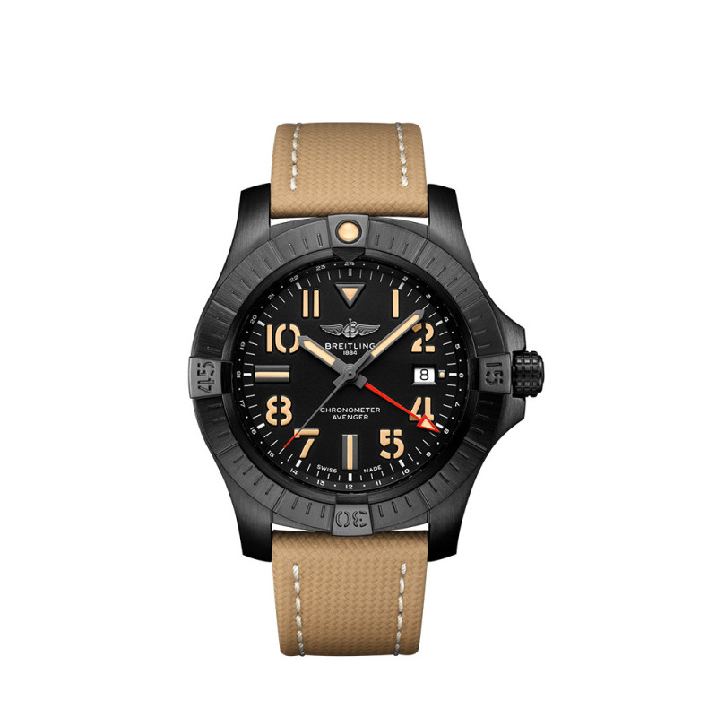 Montre Breitling Avenger Automatic GMT Night Mission cadran noir bracelet en cuir de veau sable 45mm