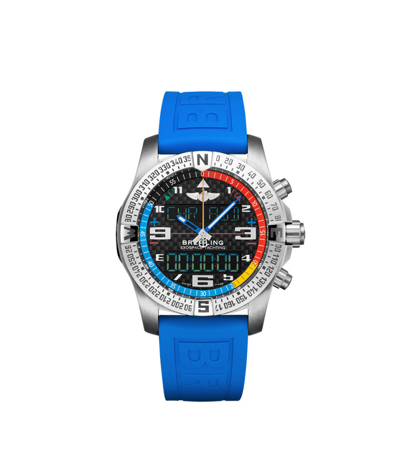 Montre Breitling Exospace B55 Yachting SuperQuartz cadran noir bracelet caoutchouc bleu 46mm