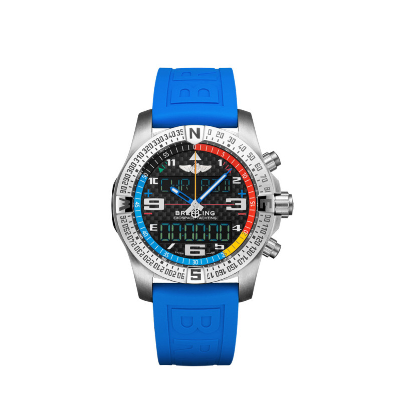 Montre Breitling Exospace B55 Yachting SuperQuartz cadran noir bracelet caoutchouc bleu 46mm