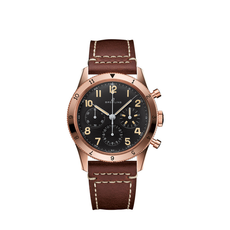Montre Breitling AVI 1953 Edition Chronograph cadran noir bracelet cuir de veau brun 41 mm