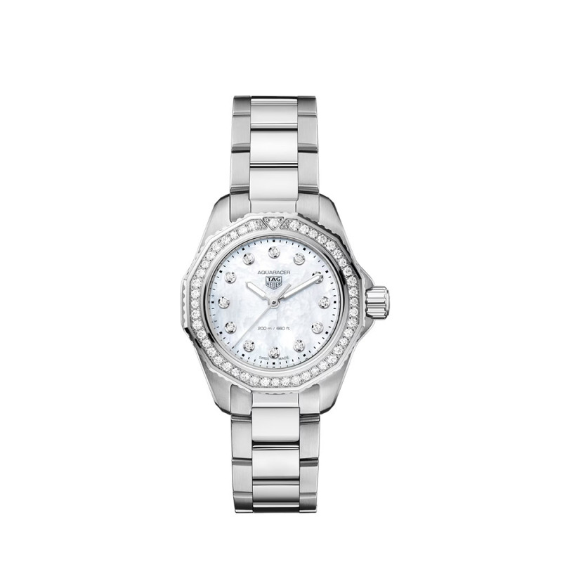 Montre Tag Heuer Aquaracer Professional 200 quartz cadran blanc index diamants bracelet acier 30mm