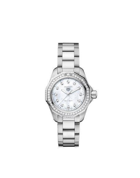 Montre Tag Heuer Aquaracer Professional 200 quartz cadran blanc index diamants bracelet acier 30mm