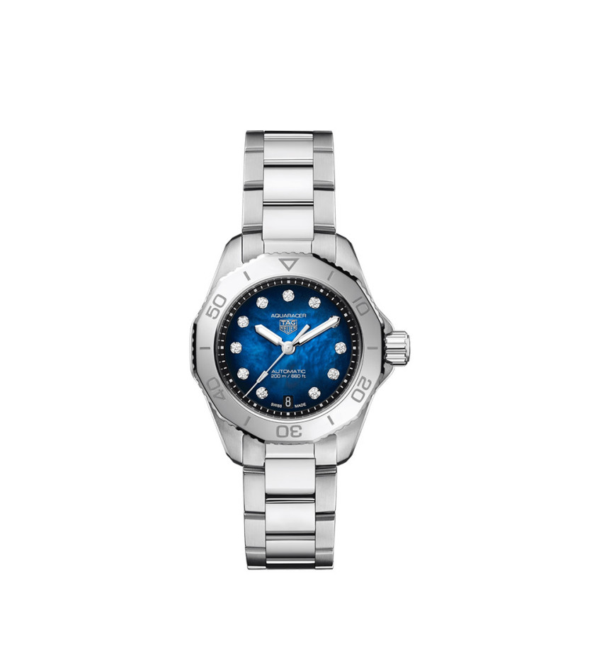 Montre TAG Heuer Aquaracer Professional 200 Date automatique cadran bleu index diamants bracelet acier 30mm