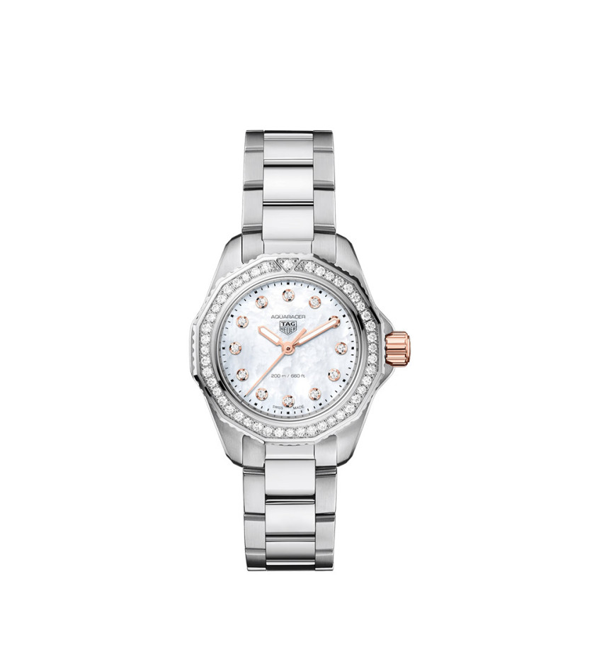 Montre TAG Heuer Aquaracer Professional 200 quartz cadran nacre blanche index diamants bracelet acier 30mm