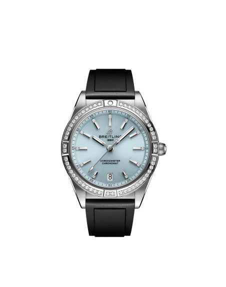 Montre Breitling Chronomat Automatic cadran bleu glacier index diamants bracelet caoutchouc noir 36mm