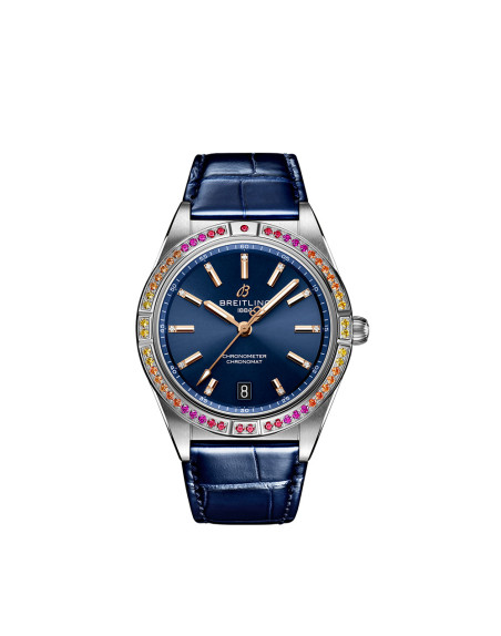 Montre Breitling Chronomat Automatic South Sea cadran bleu nuit index diamants bracelet en cuir d'alligator bleu 36mm