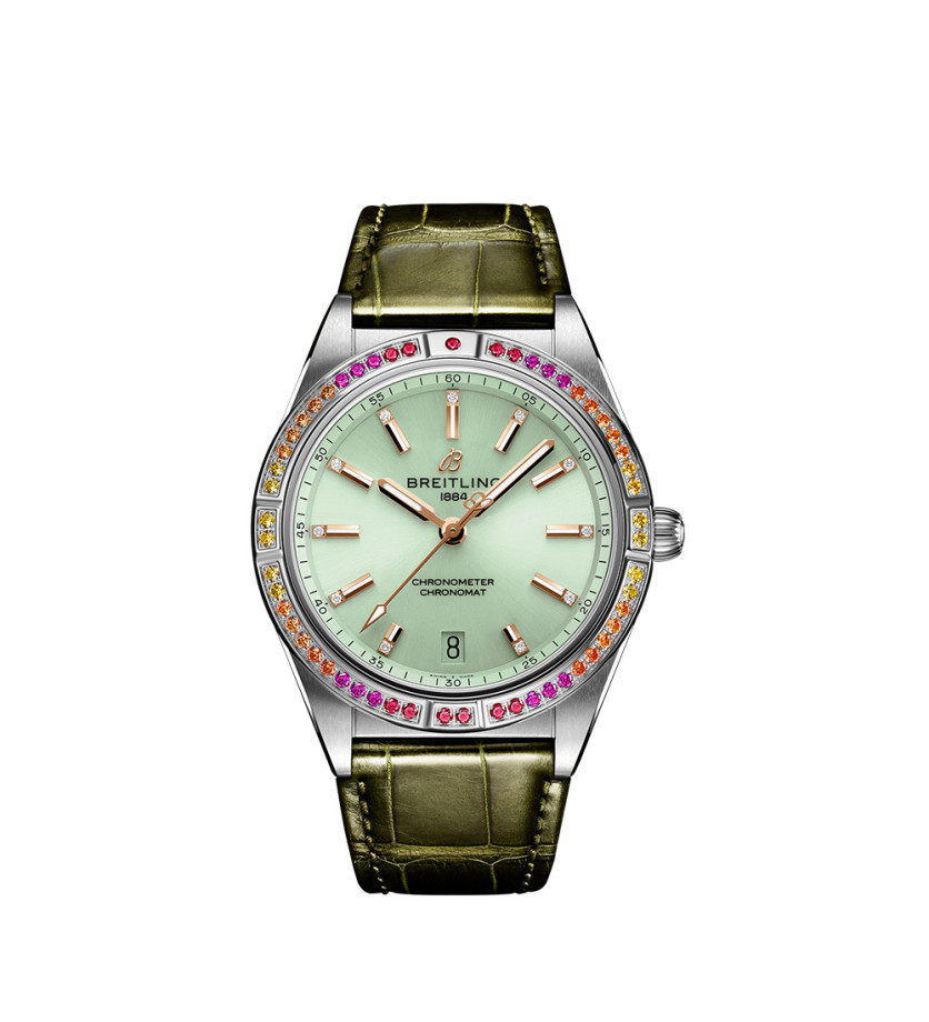 Montre Breitling Chronomat Automatic South Sea cadran vert menthe index diamants bracelet en cuir d'alligator vert 36mm