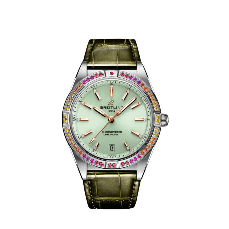 Montre Breitling Chronomat Automatic South Sea cadran vert menthe index diamants bracelet en cuir d'alligator vert 36mm
