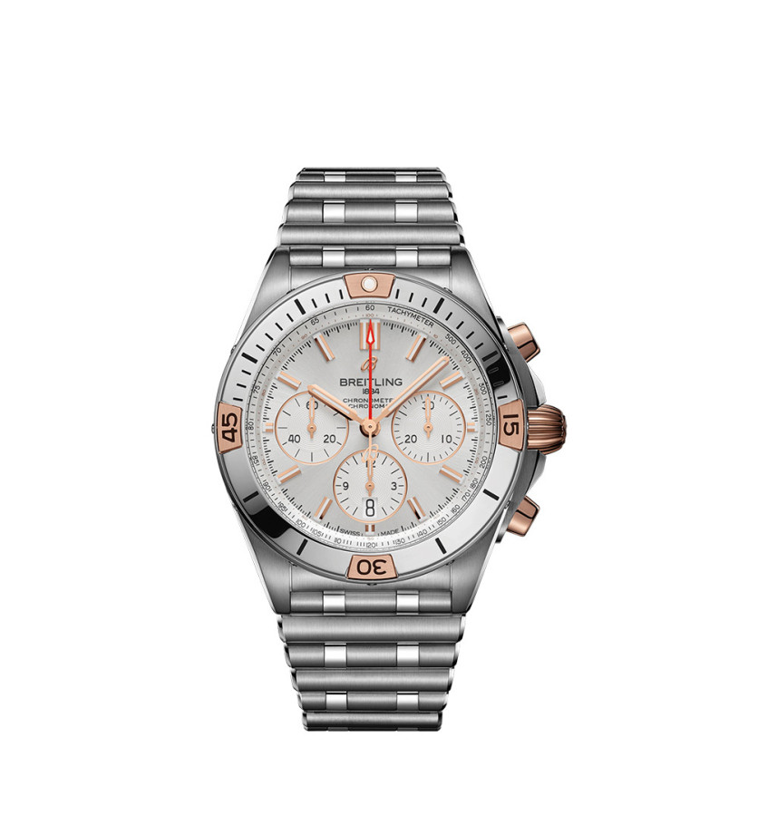 Montre Breitling Chronomat B01 automatique cadran argent bracelet rouleaux acier 42mm