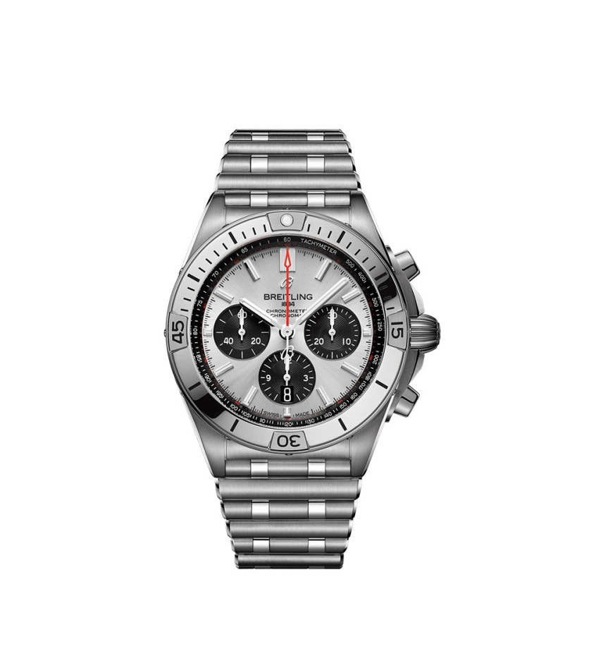 Montre Breitling Chronomat B01 automatique cadran argent bracelet rouleaux acier 42mm