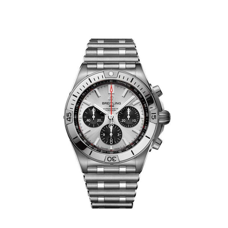 Montre de luxe Breitling Chronomat B01 automatique cadran argent bracelet rouleaux acier 42mm