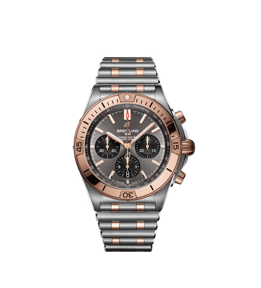 Montre Breitling Chronomat B01 automatique cadran gris anthracite bracelet rouleaux acier et or rouge 18K 42mm