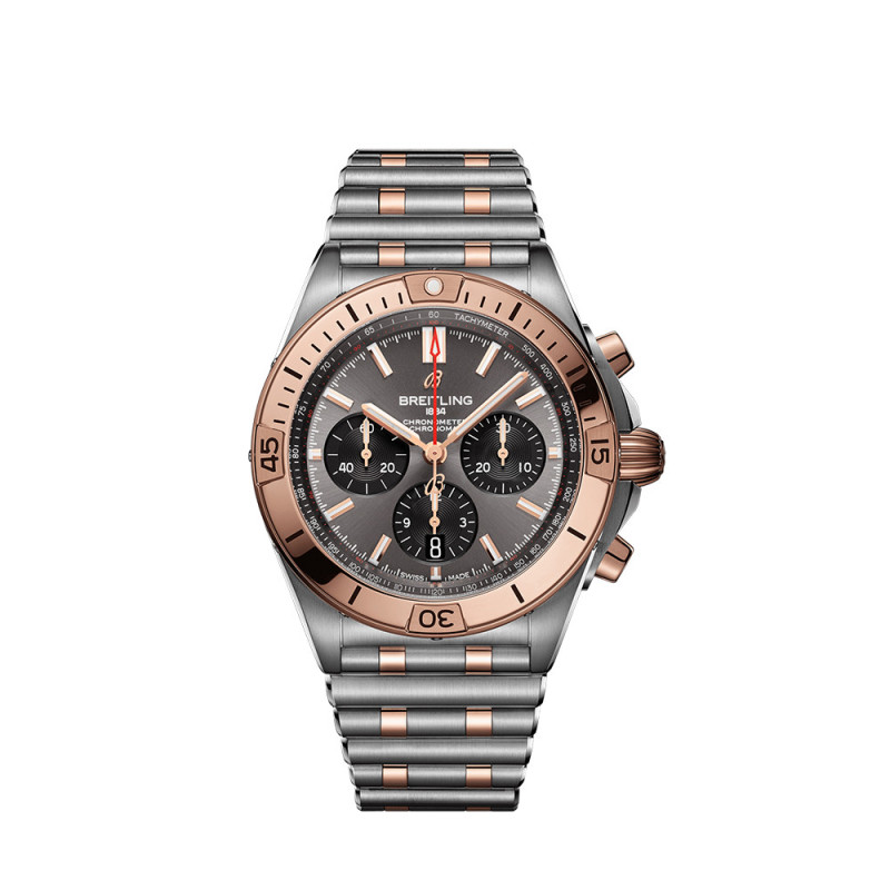 Montre Breitling Chronomat B01 automatique cadran gris anthracite bracelet rouleaux acier et or rouge 18K 42mm