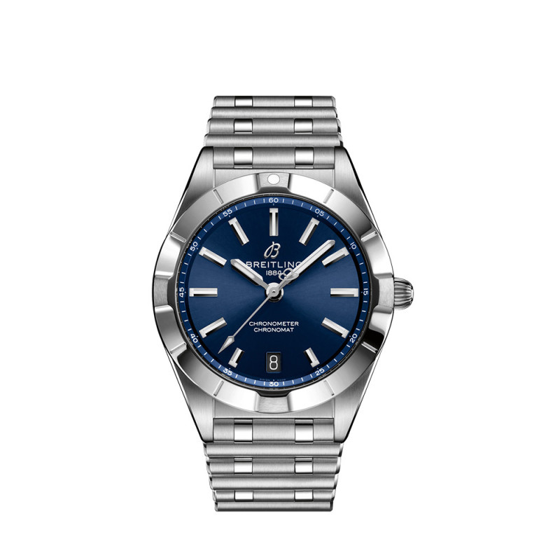 Montre Breitling Chronomat Lady SuperQuartz cadran bleu nuit bracelet rouleaux acier 32mm