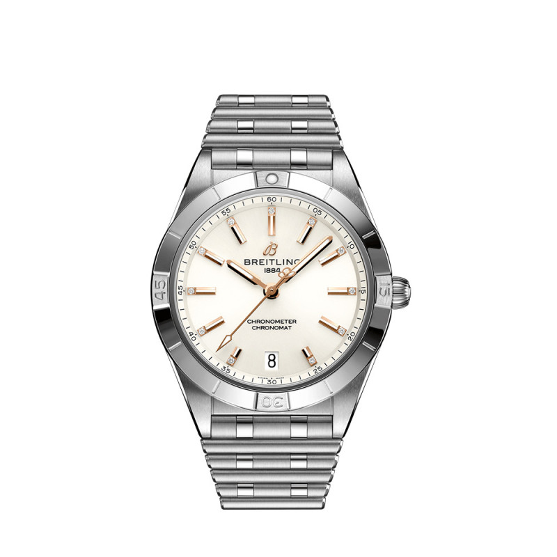 Montre Breitling Chronomat Lady Automatic cadran blanc index diamants bracelet acier rouleaux 36mm