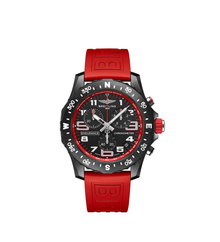 Montre Breitling Endurance Pro SuperQuartz cadran noir bracelet caoutchouc rouge 44mm