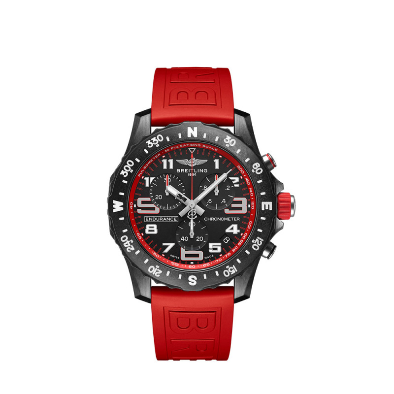 Montre Breitling Endurance Pro SuperQuartz cadran noir bracelet caoutchouc rouge 44mm