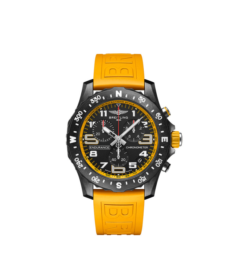 Montre Breitling Endurance Pro SuperQuartz cadran noir bracelet caoutchouc jaune 44mm
