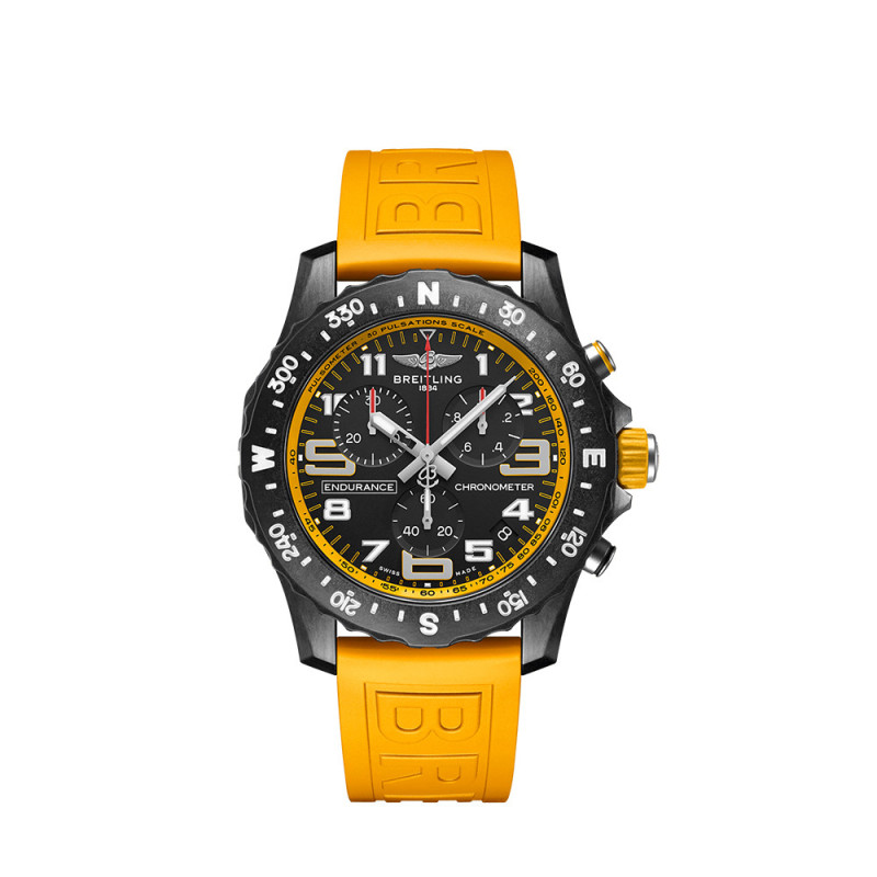 Montre Breitling Endurance Pro SuperQuartz cadran noir bracelet caoutchouc jaune 44mm