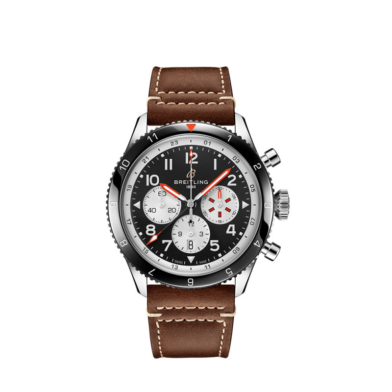 Montre Breitling Super AVI B04 Chronograph GMT automatique cadran noir bracelet en cuir de veau brun 46mm