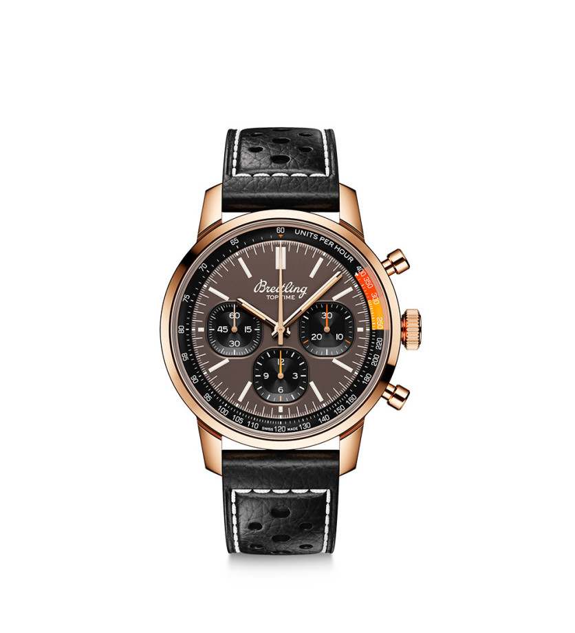 Montre Breitling Top Time B01 automatique cadran bronze bracelet en cuir de veau noir perforé 41mm