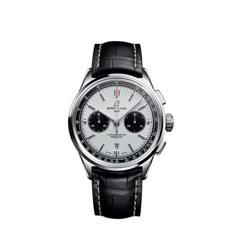 Montre Breitling Premier B01 Chronograph automatique cadran blanc bracelet en cuir d'alligator noir 42mm
