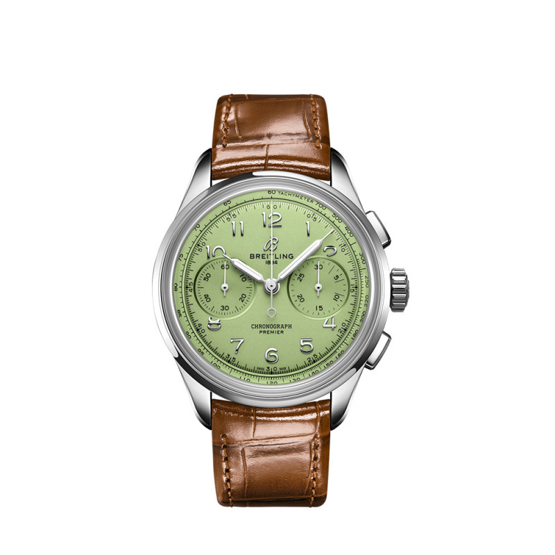 Montre Breitling Premier B09 Chronograph manuel cadran vert bracelet en cuir d'alligator brun doré 40mm
