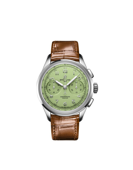 Montre Breitling Premier B09 Chronograph manuel cadran vert bracelet en cuir d'alligator brun doré 40mm