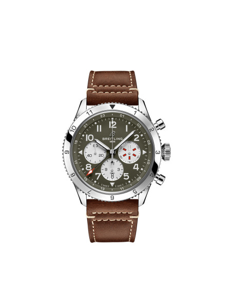 Montre Breitling Super AVI B04 Chronograph GMT Curtiss Warhawk cadran vert bracelet cuir de veau brun 46mm