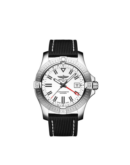 Montre Breitling Avenger GMT Automatic cadran blanc bracelet en cuir de veau anthracite 43mm