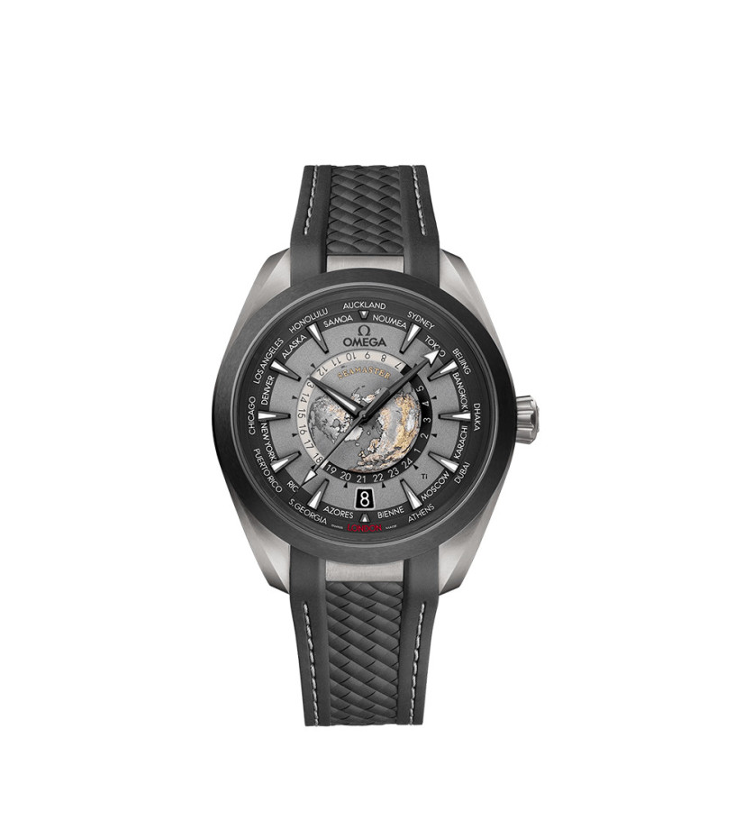 Montre Omega Seasmaster Aqua Terra 150M Co-Axial Master Chronometer GMT Worldtimer cadran gris bracelet caoutchouc noir 43mm