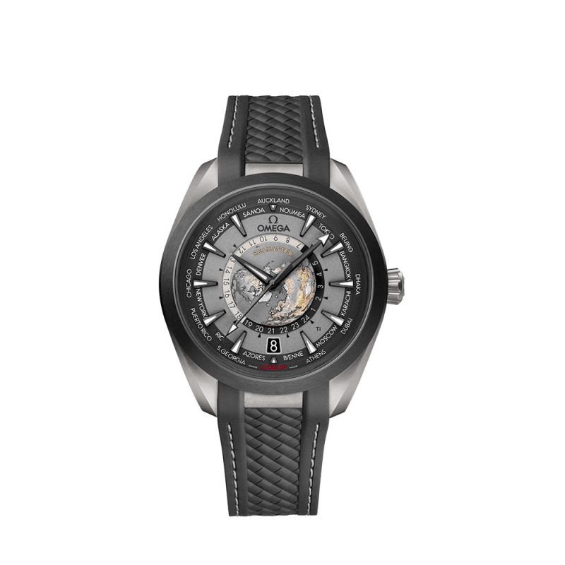 Montre Omega Seasmaster Aqua Terra 150M Co-Axial Master Chronometer GMT Worldtimer cadran gris bracelet caoutchouc noir 43mm