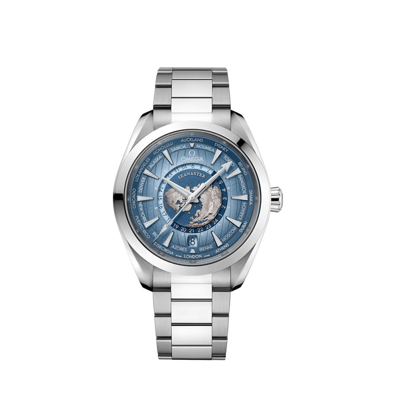 Montre Omega Seamaster Aqua Terra 150M Co-Axial Master Chronometer GMT Worldtimer cadran bleu bracelet acier 43mm