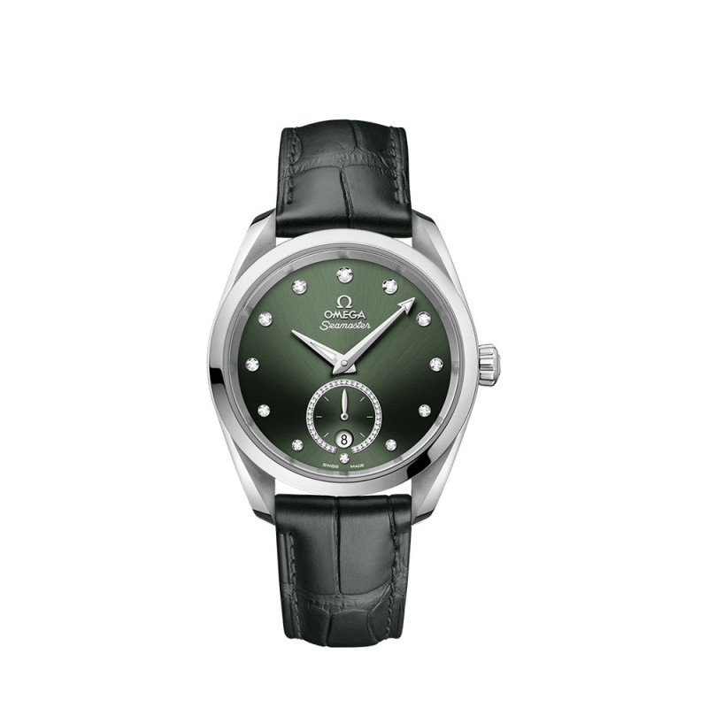 Montre Omega Seamaster Aqua Terra 150M cadran vert index diamants bracelet en cuir d'alligator vert 38mm