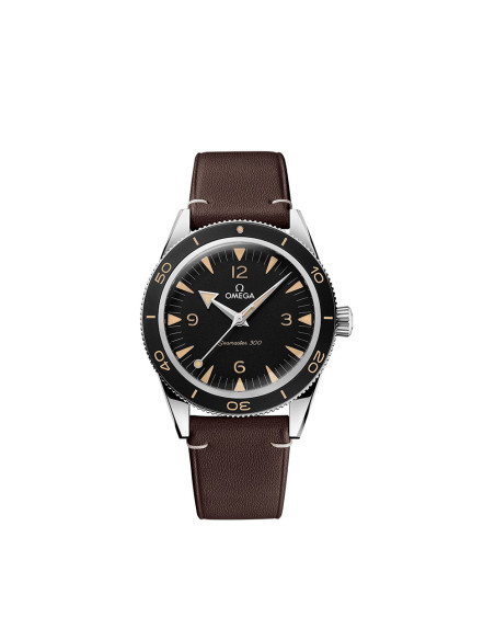Montre Omega Seamaster 300 automatique cadran noir bracelet en cuir de veau brun 41mm
