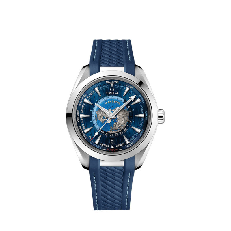Montre Omega Aqua Terra 150M Co-Axial Master Chronometer GMT Worldtimer cadran bleu bracelet caoutchouc bleu 43mm