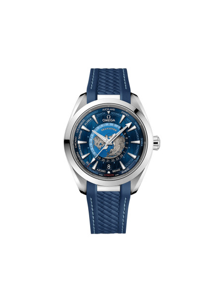 Montre Omega Aqua Terra 150M Co-Axial Master Chronometer GMT Worldtimer cadran bleu bracelet caoutchouc bleu 43mm
