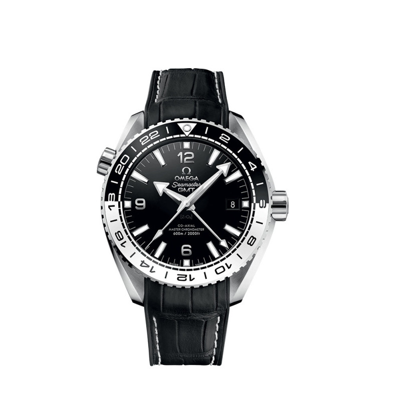 Montre Omega Seamaster Planet Ocean 600M GMT automatique cadran noir bracelet en cuir doublé de caoutchouc noir 43,5 mm