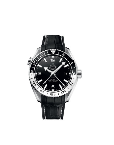 Montre Omega Seamaster Planet Ocean 600M GMT automatique cadran noir bracelet en cuir doublé de caoutchouc noir 43,5 mm