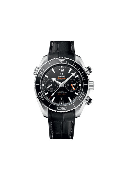 Montre Omega Seamaster Planet Ocean 600M Chronographe automatique cadran noir bracelet cuir doublé de caoutchouc noir 45,5mm