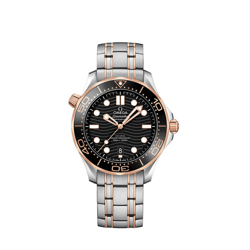 Montre Omega Seamaster Diver 300M Co-Axial Master Chronometer automatique cadran noir bracelet acier et Or Sedna 42mm