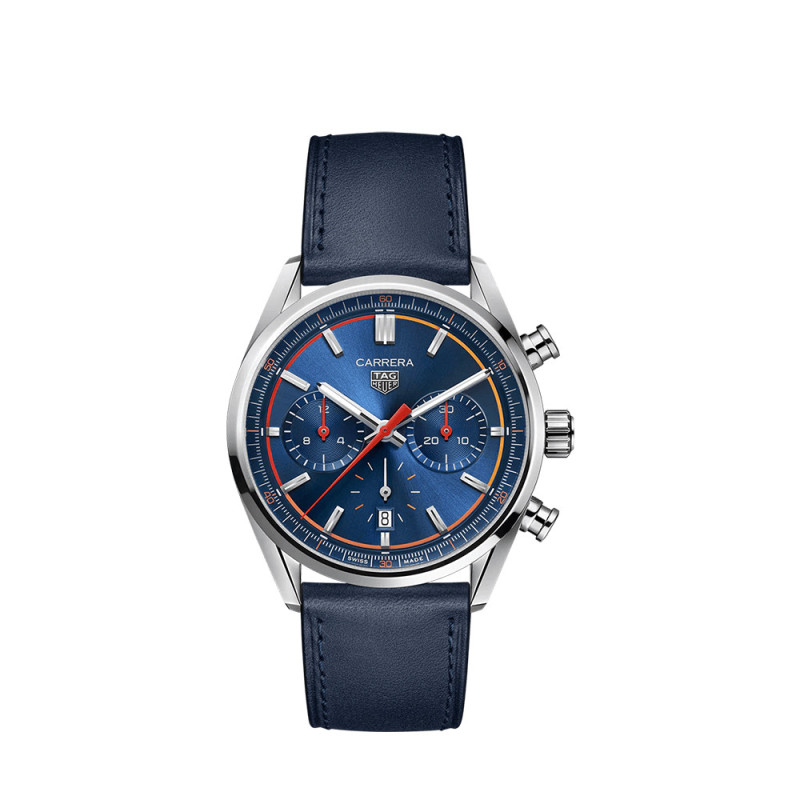Montre Tag Heuer Carrera Chronographe automatique cadran bleu bracelet en cuir 42 mm