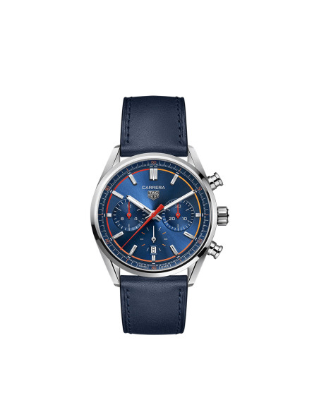 Montre Tag Heuer Carrera Chronographe automatique cadran bleu bracelet en cuir 42 mm