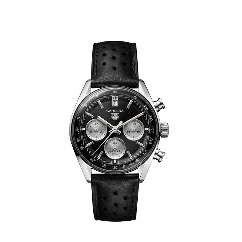 Montre TAG Heuer Carrera Chronographe Automatique Cadran noir compteurs gris acier Bracelet cuir noir 39 mm